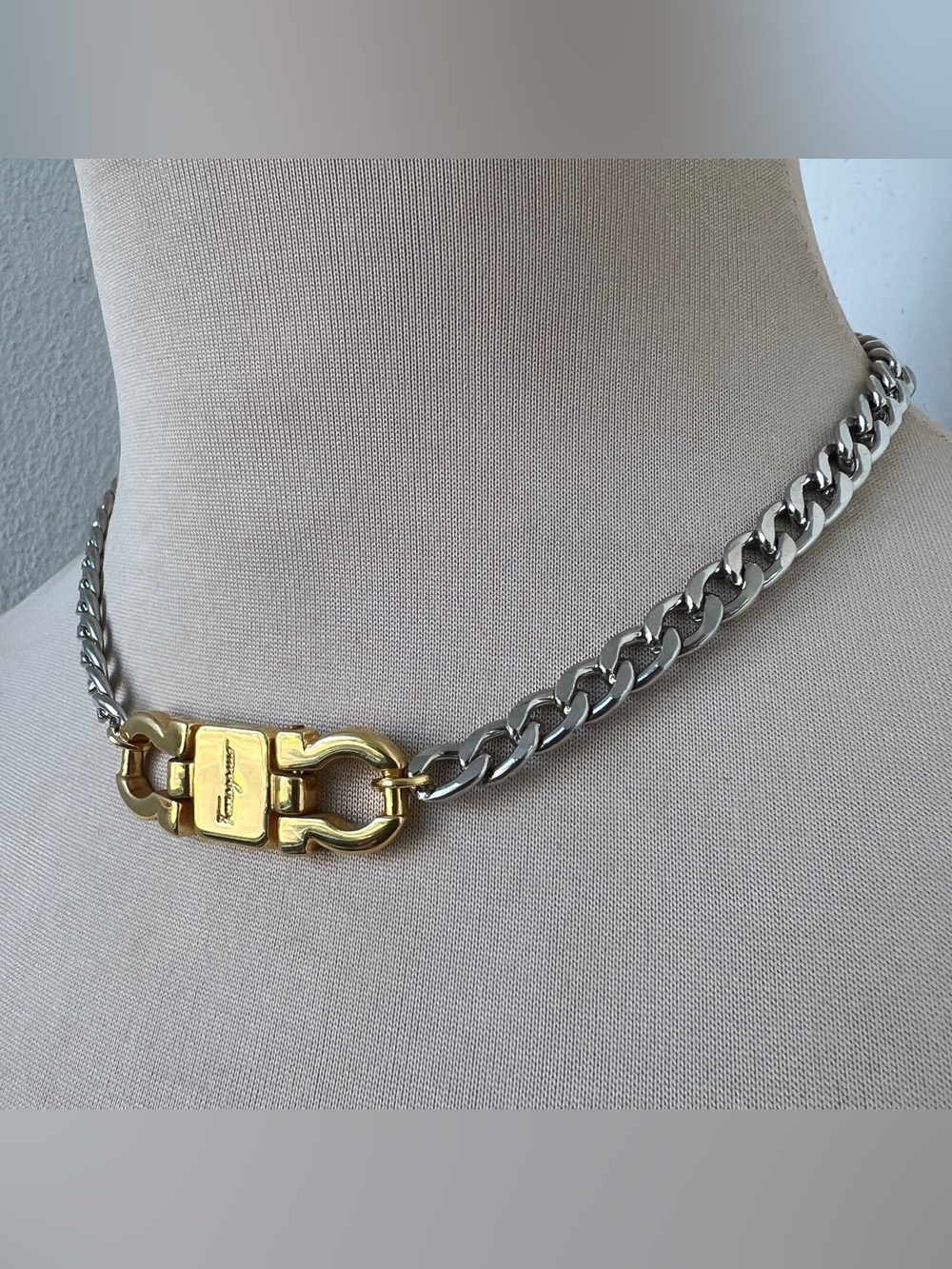 Custom Vintage Two-tone Ferragamo Curb Chain Choker Necklace 15.5” - Picture 4 of 9